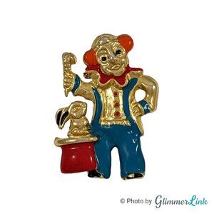 Vintage Elle Magician Clown & Rabbit Enamel Gold Tone Brooch